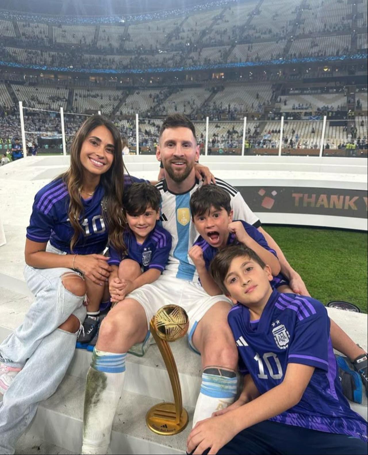 Lionel Messi poses with his wife and children after Argentina’s 2022 World Cup victory, Qatar, Dec. 18, 2022. (Photo via Instagram/@leomessi)