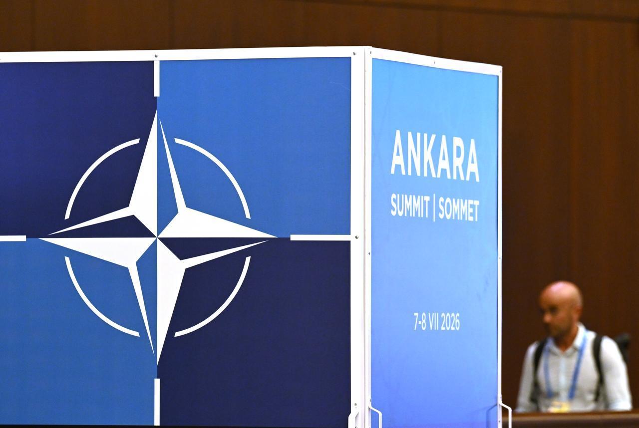 General view of the NATO logo as domestic and foreign media representatives show great interest in the 36th NATO Heads of State and Government Summit in Ankara, Türkiye, July 7, 2026. (AA Photo)