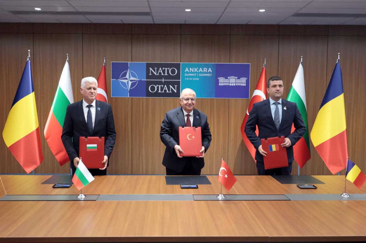 Turkish National Defense Minister Yasar Guler (center) signs an amendment to the Black Sea Mine Countermeasures Task Group (MCM Black Sea) memorandum alongside his Romanian and Bulgarian counterparts during the NATO summit in Ankara on July 8, 2026. (Photo via X/@tcsavunma)