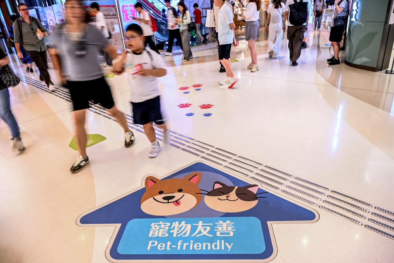 A "pet friendly" sign is pictured at a shopping mall in North Point district of Hong Kong on July 9, 2026. (AFP Photo)