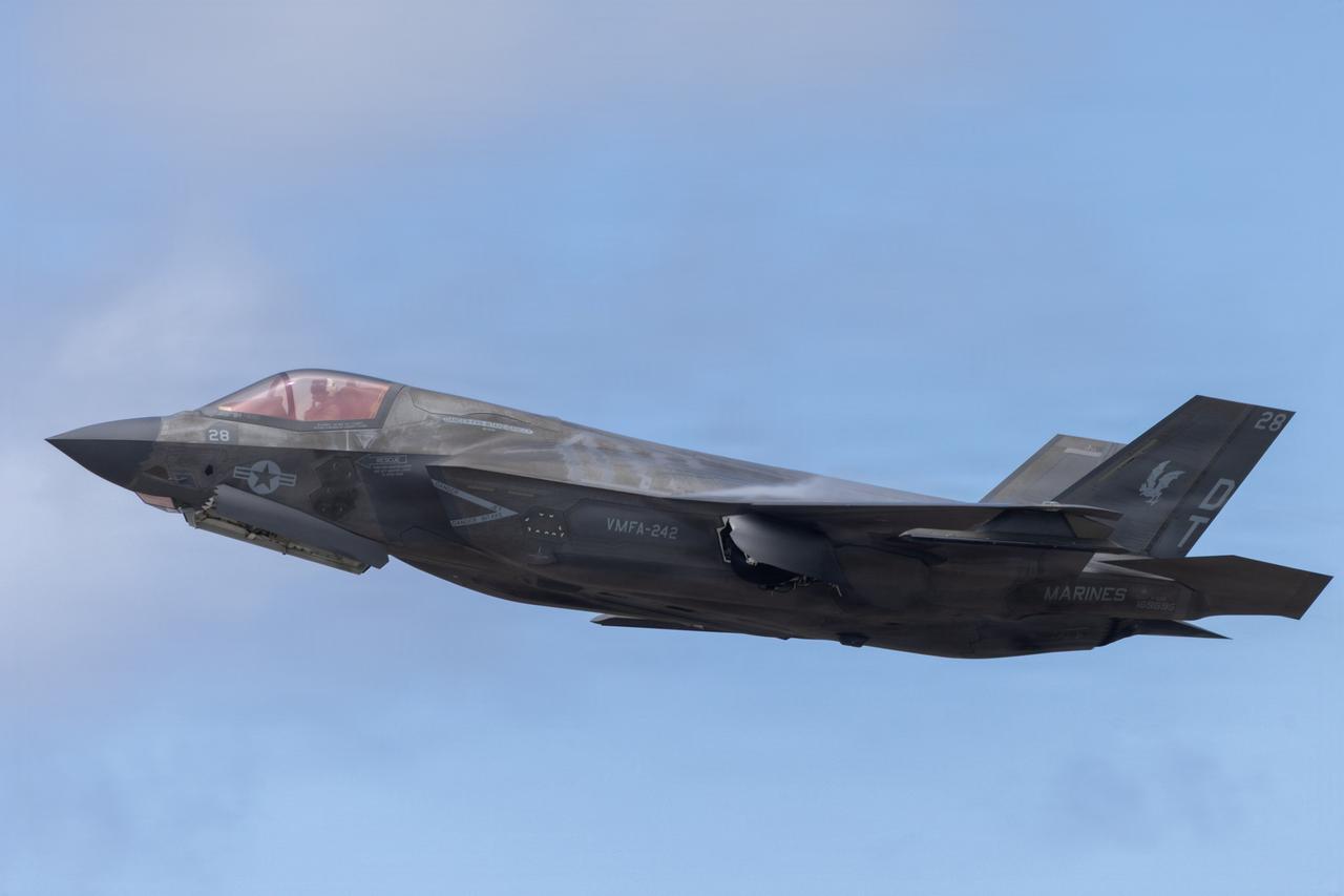 A U.S. Marine Corps F-35B Lightning II aircraft flies over Andersen Air Force Base, Guam in support of VALIANT SHIELD 2026, June 30, 2026. (Photo via U.S. Marine Corps)