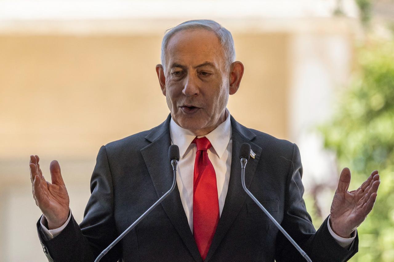 Israel's PM Benjamin Netanyahu speaks during a cornerstone laying ceremony for the Atarot Heritage Center in East Jerusalem near the separation wall with the Israeli occupied West Bank city of Ramallah, July 5, 2026. (AFP Photo)