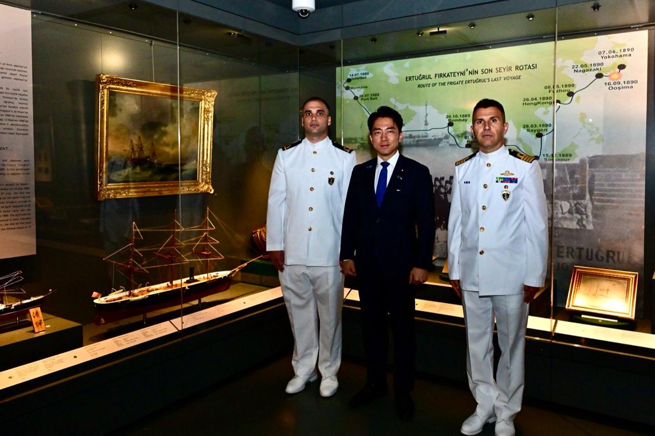 Japanese Defense Minister Shinjiro Koizumi poses with Turkish naval officers during his visit to the Ertugrul Frigate exhibition at the Turkish Naval Museum in Istanbul, Türkiye. (Photo via X/@shinjirokoiz)