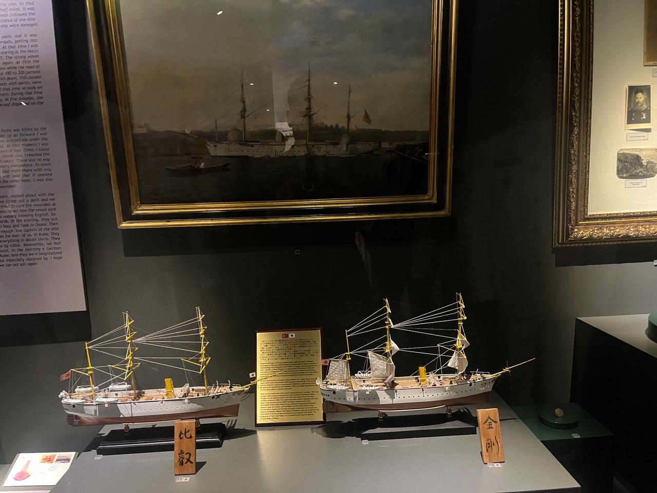 Models and archival materials related to the Ertugrul Frigate are displayed at the Turkish Naval Museum in Istanbul, Türkiye. (Photo via X/@shinjirokoiz)