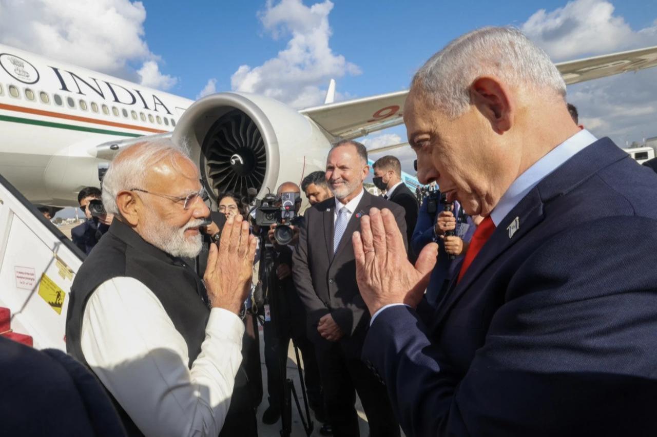 Prime Minister Modi meets Benjamin Netanyahu upon entering Israel on February 25th, 2026. (Office of the Prime Minister, India.)