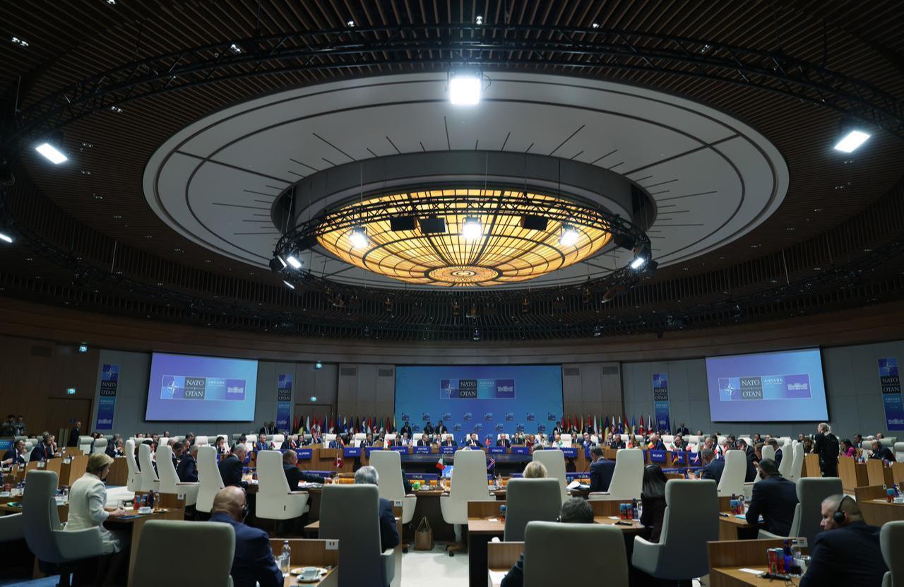 Leaders attend the North Atlantic Council meeting held as part of the 36th NATO Heads of State and Government Summit at the Presidential Complex in Ankara, July 8, 2026. (Photo via Turkish Presidency/Murat Cetinmuhurdar/HO)