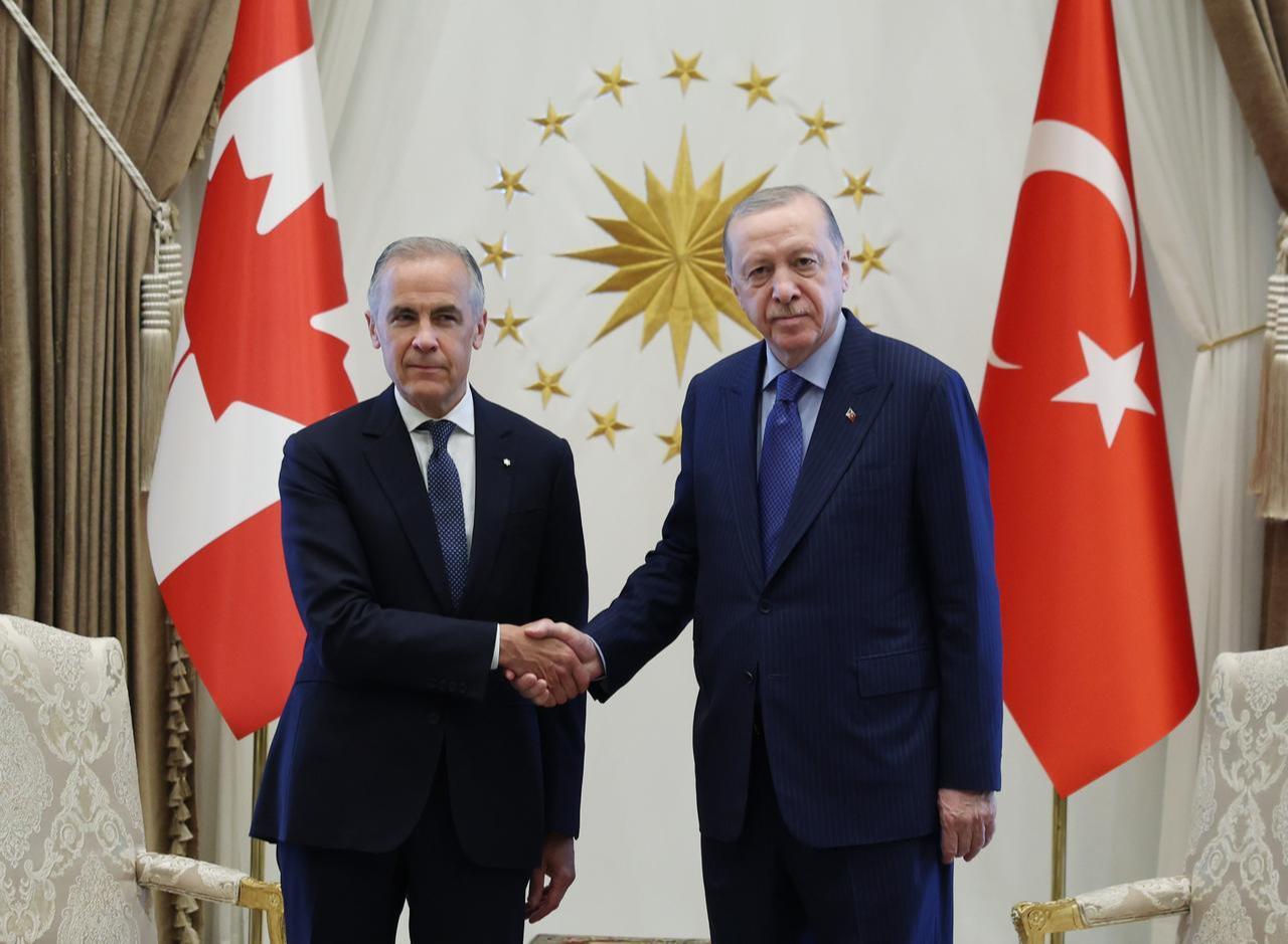 President Recep Tayyip Erdogan welcomes Canadian Prime Minister Mark Carney at the Presidential Complex, July 7, 2026, in Ankara, Türkiye. (Photo via Turkish Presidency/ Murat Kula/HO)