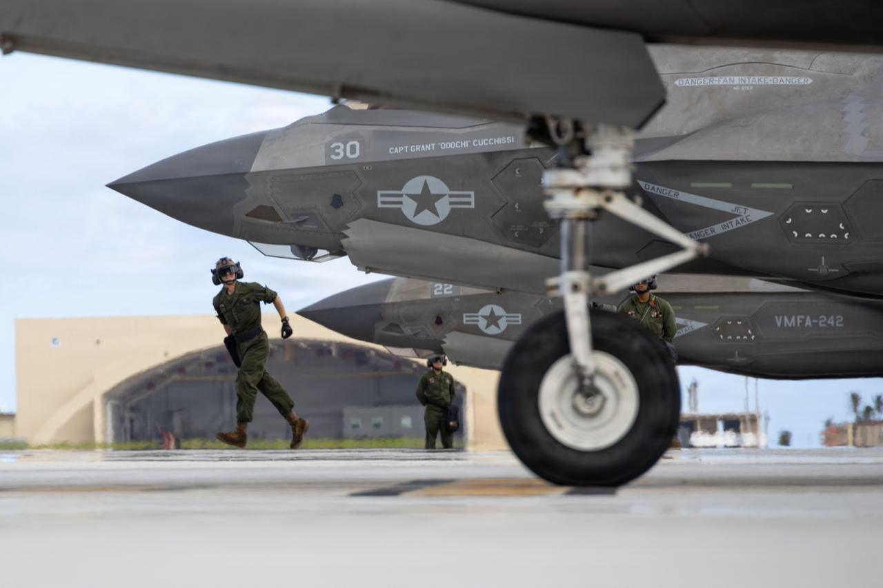 U.S. Marines inspect F-35B Lightning II aircraft before flight in support of VALIANT SHIELD 2026 at Andersen Air Force Base, Guam, June 29, 2026. (Photo via U.S. Marine Corps)