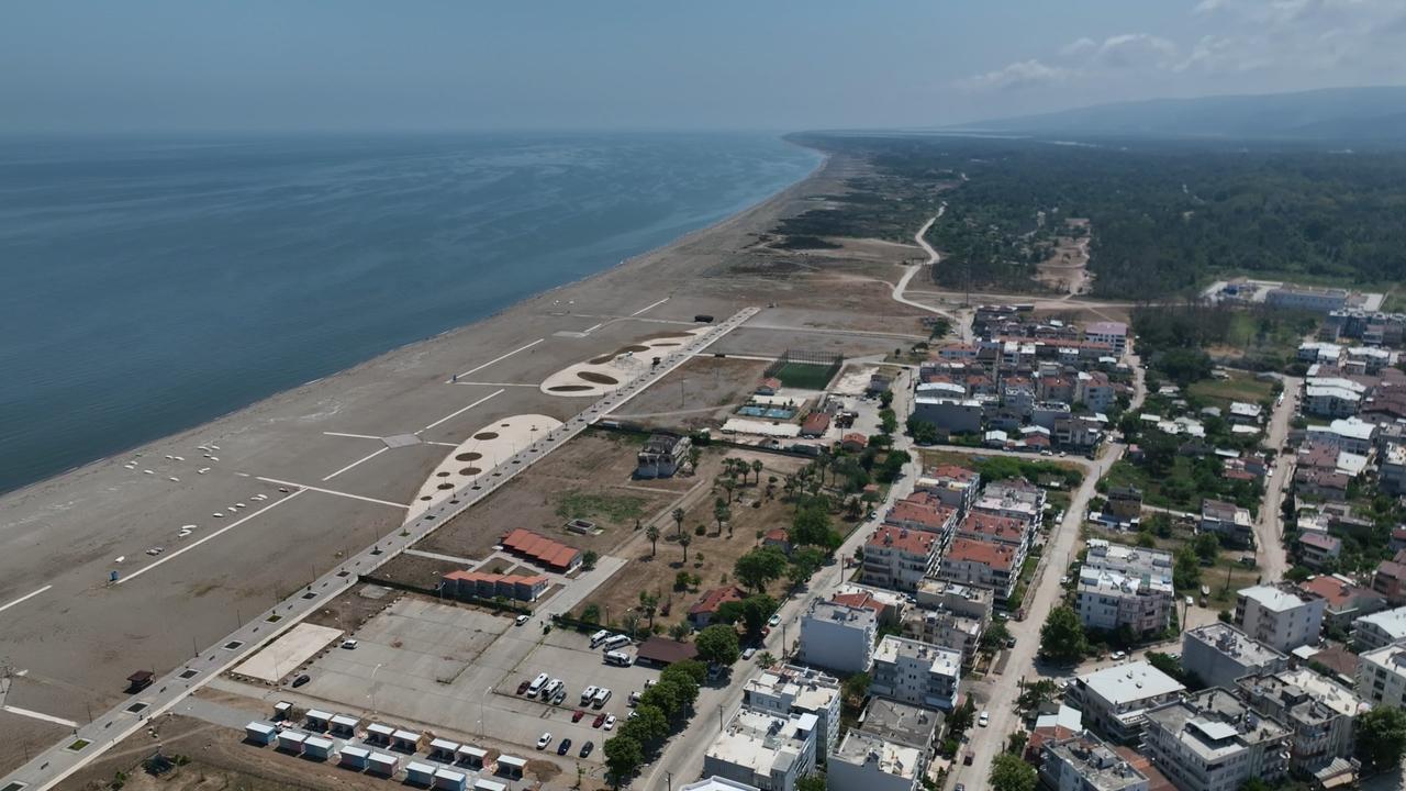 An aerial view shows the Yenikoy-Malkara-Kursunlu coastal belt in Bursa's Karacabey district after summer season preparations were completed, Türkiye, July 8, 2026. (IHA Photo)