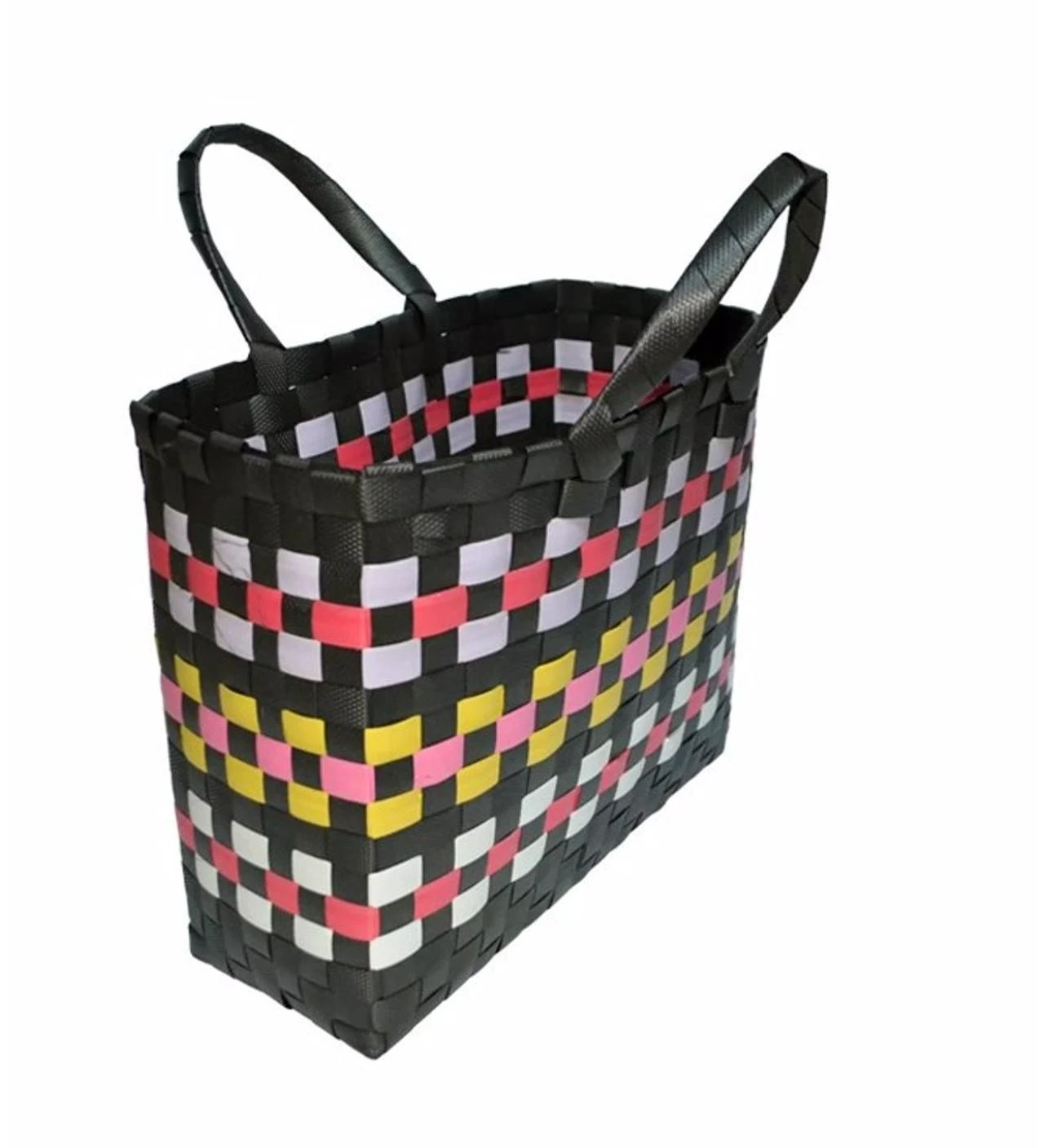 A black woven market bag features colorful horizontal bands and reinforced double handles. (Image via Cicek Sepeti)