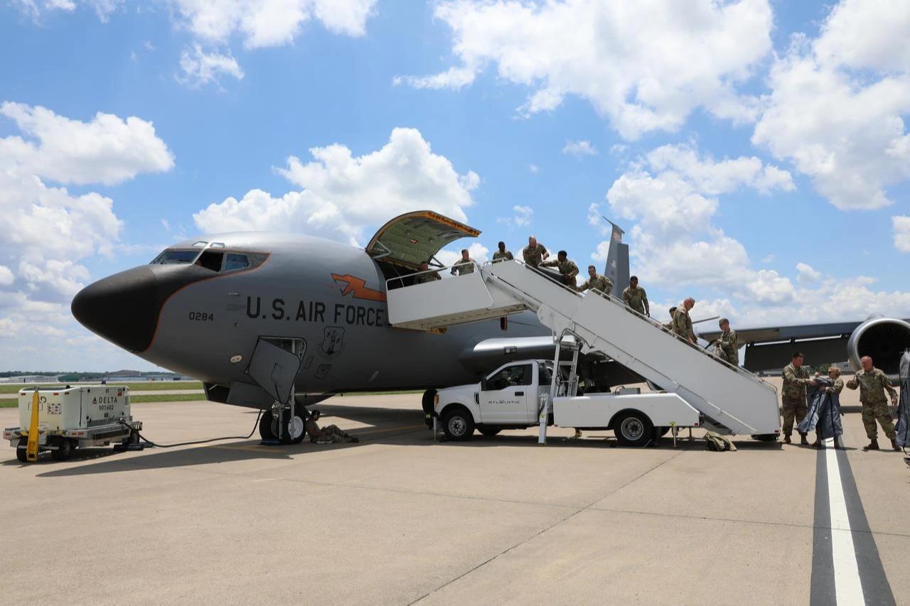 Airmen and Soldiers from the Tennessee National Guard load a KC-135 Stratotanker bound for Sofia, Bulgaria, to support U.S. European Command, Jul 3, 2024. (Photo via U.S. Air Force)
