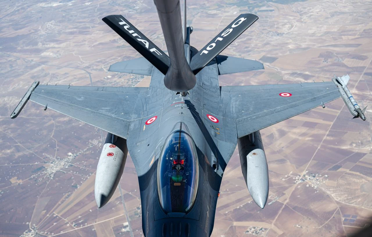A view shows the process carried out by the Asenalar Squadron for mid-air refueling of F-16s by tanker aircraft, May 28, 2025, in Adana, Türkiye. (AA Photo)
