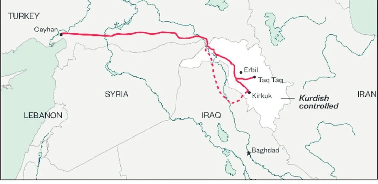Map shows the Kirkuk-Ceyhan and northern Iraq oil pipeline network linking oil fields to Türkiye's Mediterranean port of Ceyhan. (Image via ResearchGate)
