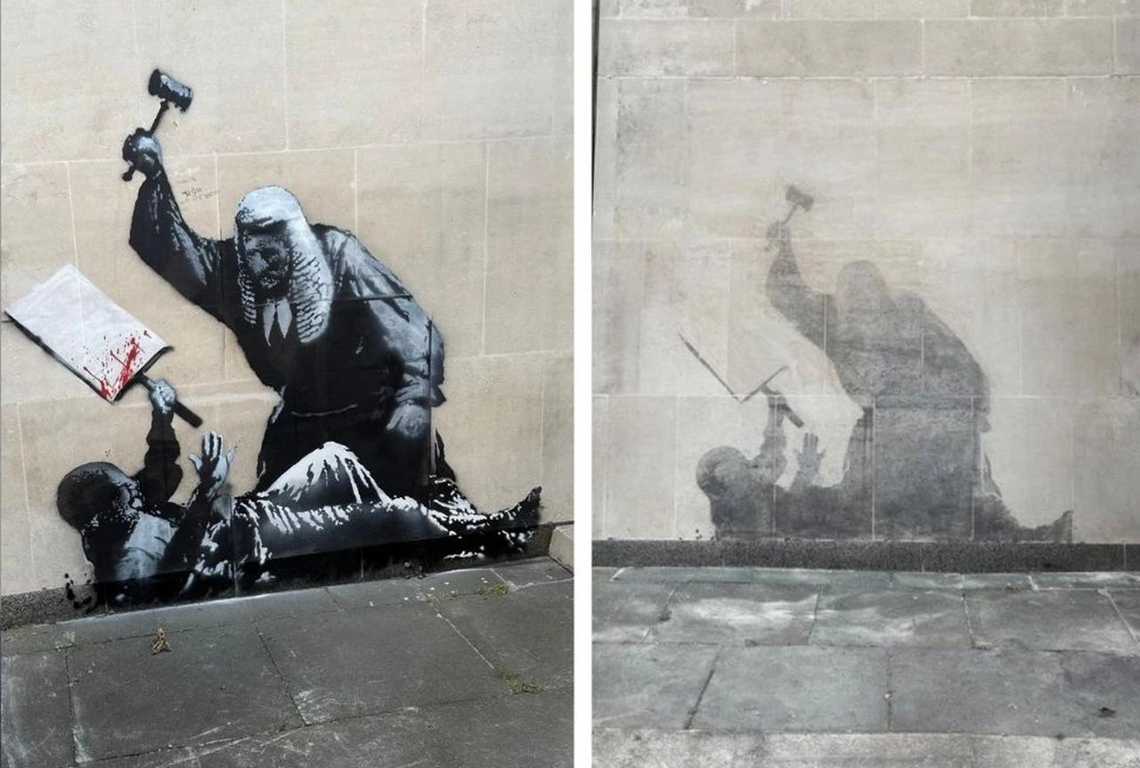 Banksy’s mural depicting a judge striking a protester with a gavel is seen before and after its removal from the Royal Courts of Justice in London, Sept. 8-10, 2025. (Photo collage by Türkiye Today team)