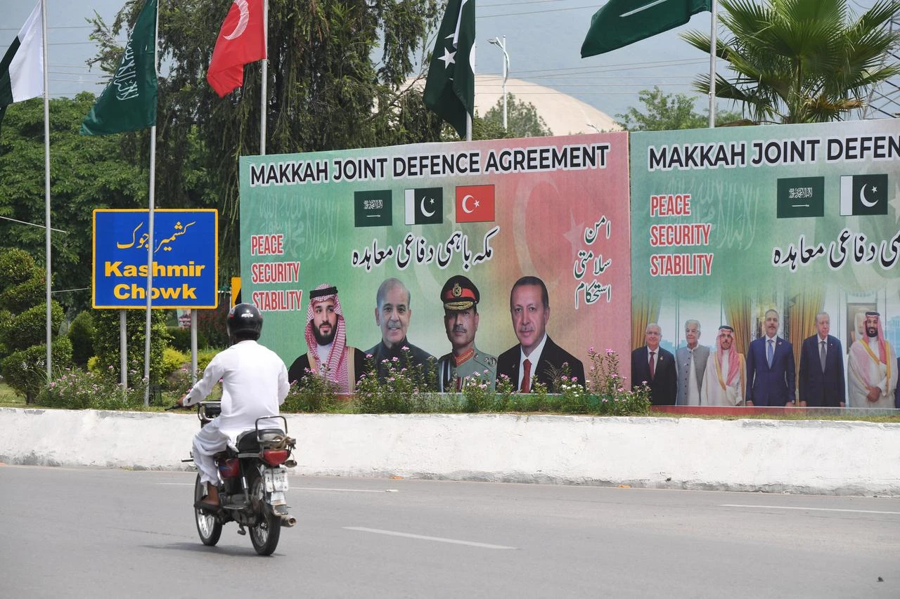 A view of billboards featuring Turkish President Recep Tayyip Erdogan, Saudi Crown Prince and Prime Minister Mohammed bin Salman, Pakistan's Prime Minister Muhammad Shehbaz Sharif and Pakistan's Chief of Army Staff Field Marshal Asim Munir displayed along a road in Islamabad, Pakistan, on August 09, 2026. (AA Photo)