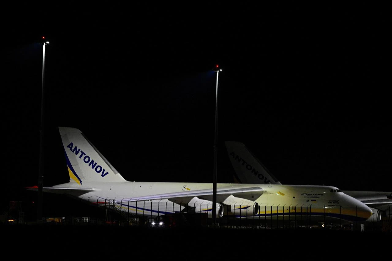 An Ukrainian "Antonov" cargo plane is pictured on August 5, 2026 at the German airport Leipzig-Halle in Schkeuditz, eastern Germany, after an explosives-laden drone was found there the night before. (AFP Photo)