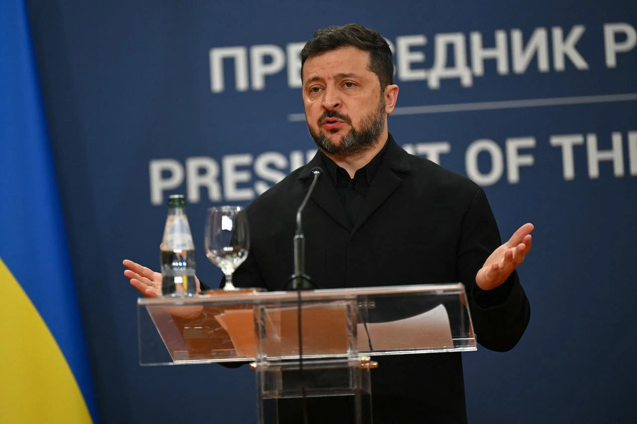 Ukraine's President Volodymyr Zelenskyy speaks during a joint press conference with Serbia's President following their meeting at the Palace of Serbia, in Belgrade on August 8, 2026. (AFP Photo)