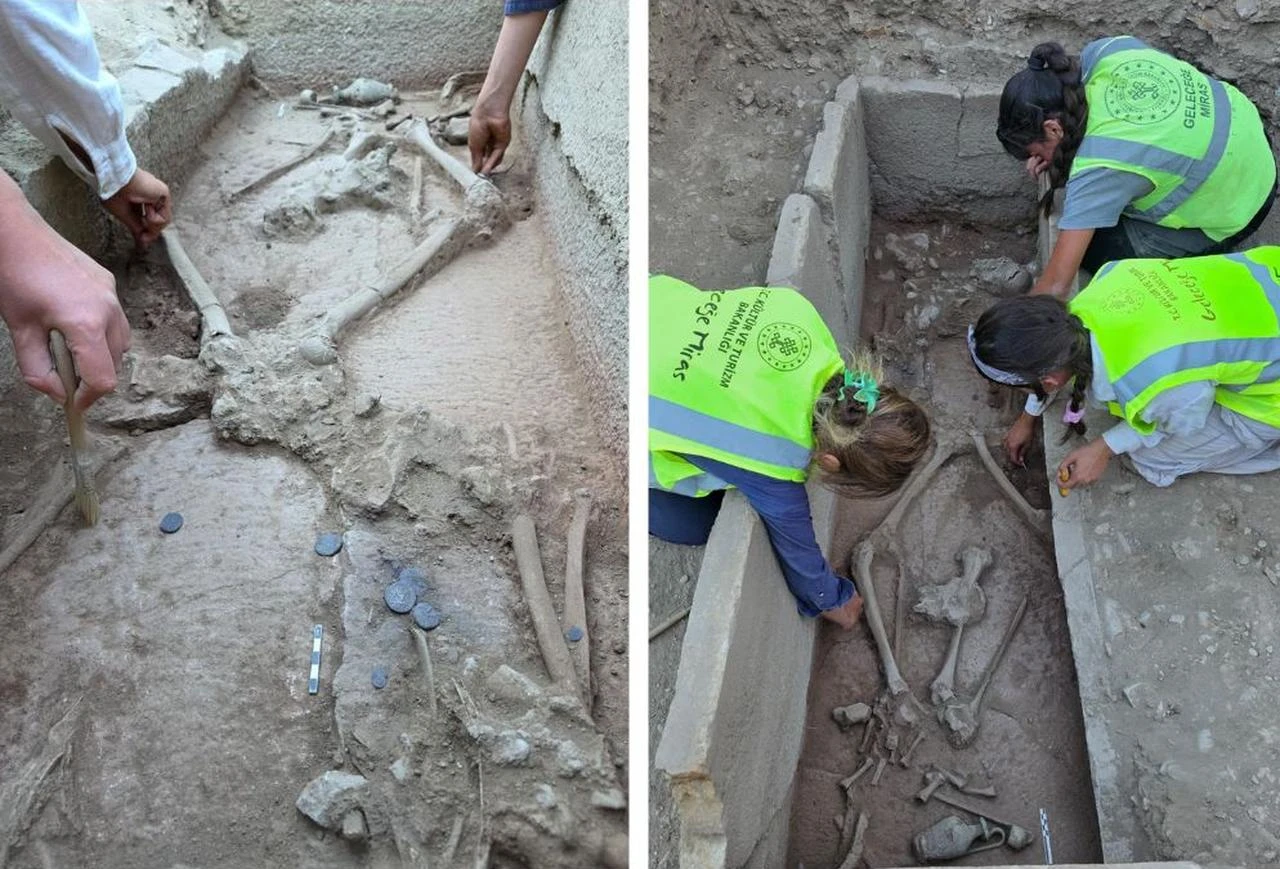 Archaeologists examine a cist-type tomb dating from the late fifth to fourth century B.C., uncovered in the newly identified Eastern Necropolis during excavations at Aspendos Ancient City in Antalya, Türkiye, 2026. (AA Photo)