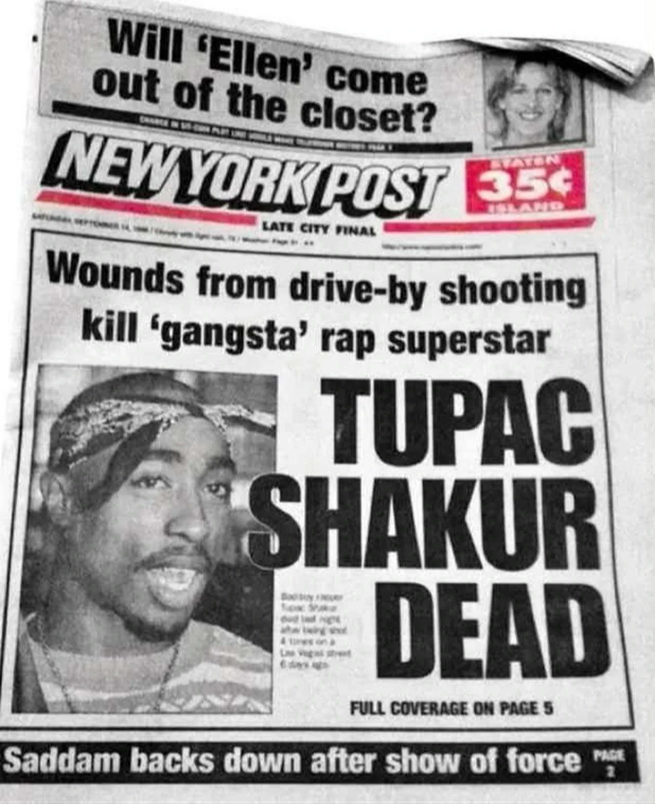 Shakur's murder news on the front page of the New York Post. (Photo via X/@sahelbrut)