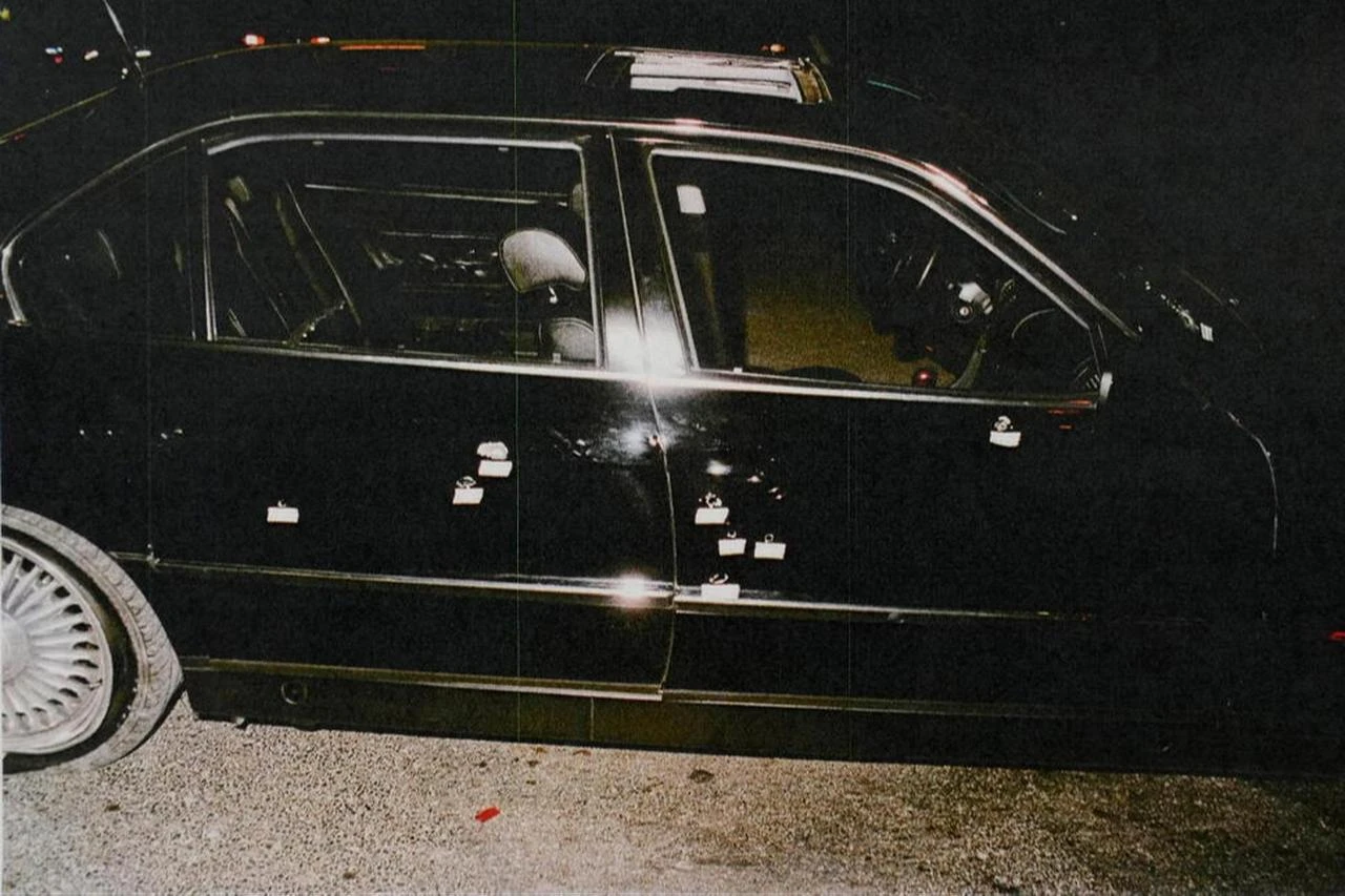 This undated photo provided by the Las Vegas Metropolitan Police Department shows the bullet-riddled car in which rapper Tupac Shakur was fatally shot in September 1996, in Las Vegas. (Photo via X/@ABC)