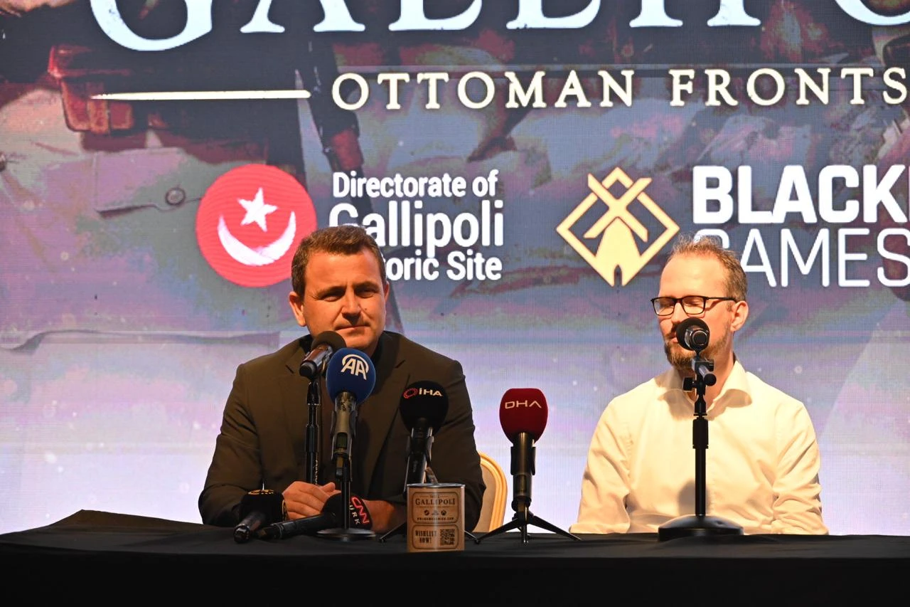 Canakkale Battles Gallipoli Historical Site Director Ismail Kasdemir (L) and BlackMill Games CEO Jos Hoebe speak during the launch of the World War I video game "Gallipoli" in Canakkale, Türkiye. (Photo via BlackMill Games)