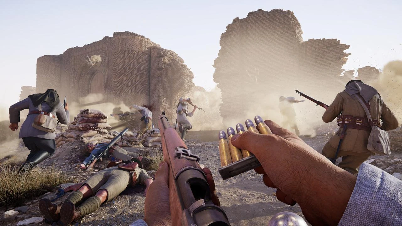 A screenshot from "Gallipoli" shows a first-person battle sequence featuring period weapons and soldiers in a digitally recreated wartime setting. (Photo via BlackMill Games)