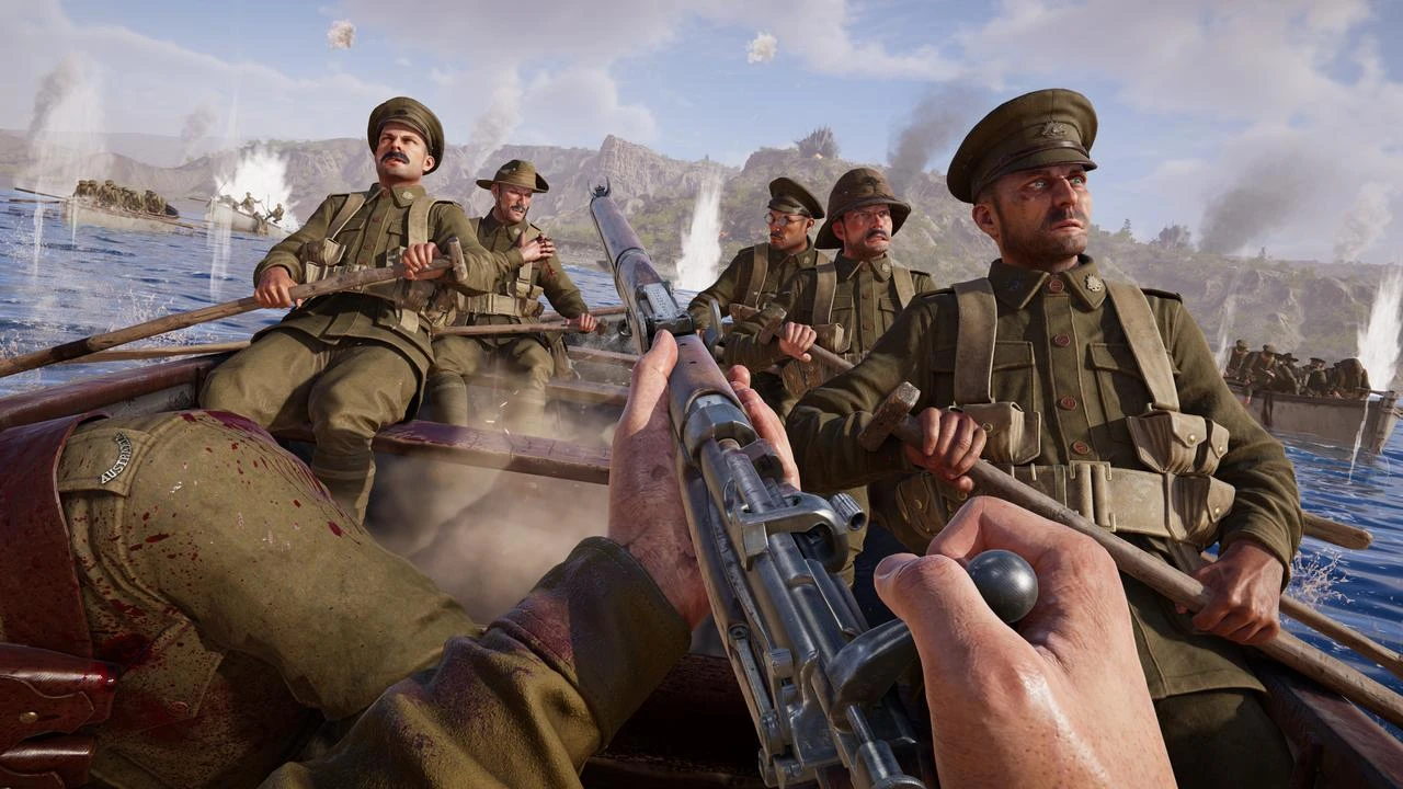 A screenshot from "Gallipoli" depicts soldiers navigating a battlefield by boat during a World War I combat sequence. (Photo via BlackMill Games)