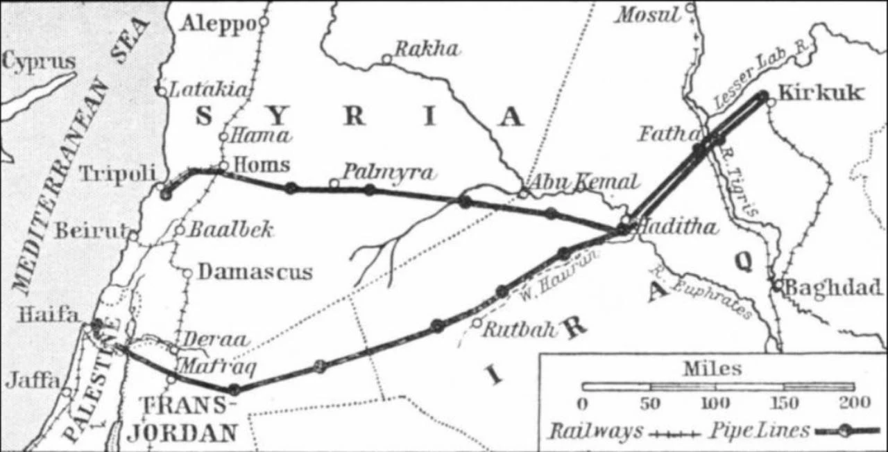 Map showing the Kirkuk-Tripoli and Kirkuk-Haifa oil pipeline routes from Iraq to Mediterranean ports. (Image via oilprice.com)