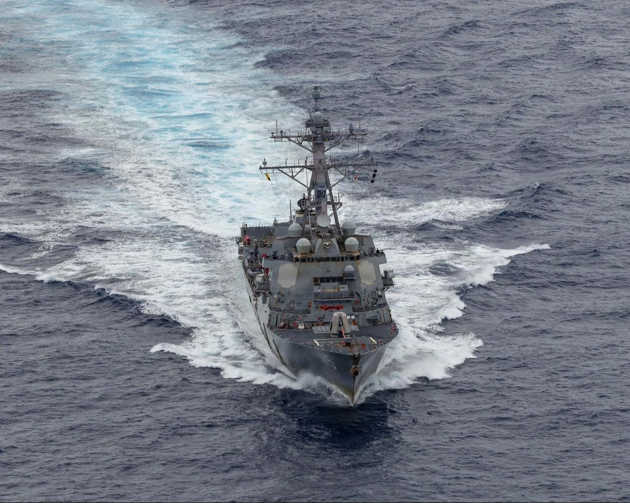 Arleigh Burke-class guided-missile destroyer USS Rafael Peralta (DDG 115) patrols in the U.S. Central Command area of responsibility, Aug. 4, 2026. (Photo via U.S. Navy)