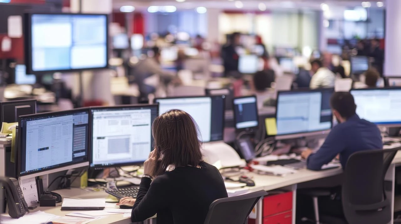 Journalists and media workers operate computers in a busy newsroom, highlighting modern digital news production. (Adobe Stock Photo)