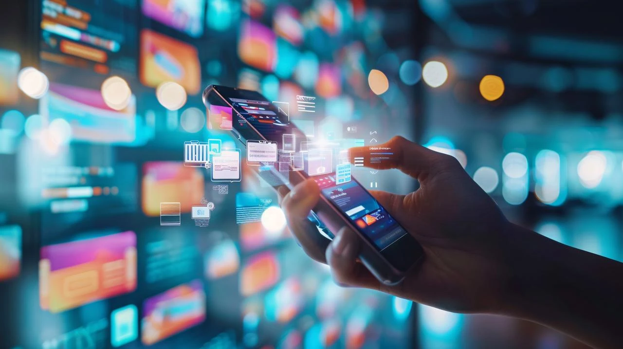 A person uses a smartphone surrounded by digital interface graphics, illustrating mobile media consumption and online information access. (Adobe Stock Photo)