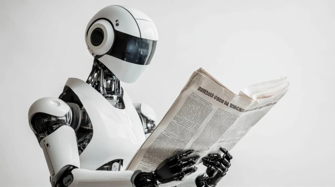 A humanoid robot reads a newspaper, illustrating the growing role of artificial intelligence in news consumption and media. (Adobe Stock Photo)