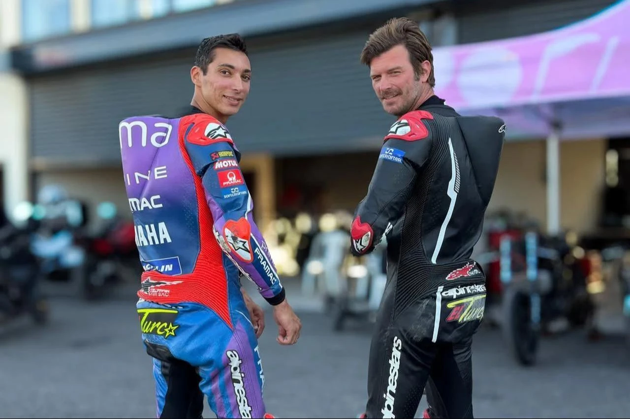 Turkish motorcycle racer Toprak Razgatlioglu and actor Kivanc Tatlitug pose in racing suits at the Motor Sports Development Center in Kocaeli, Türkiye. (Photo via Instagram/@toprakrazgatlioglu7)
