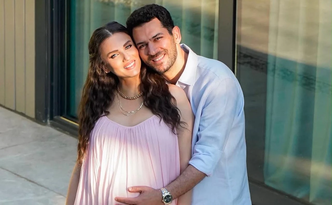 Murat Yildirim and Iman Elbani pose together in pregnancy announcement photos shared on social media. (Photo via Instagram/@mrtyldrm and @iman_elbani)