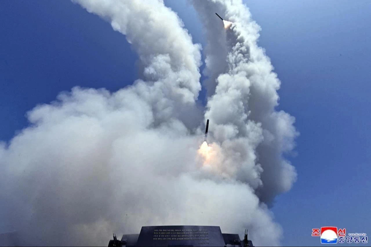 This picture taken on July 3, 2026 and released by North Korea's official Korean Central News Agency (KCNA) via KNS on July 5, 2026 shows the performance tests of the main weapons systems of the destroyer Kang Kon at an undisclosed location in North Korea. (Photo via KCNA VIA KNS/AFP)