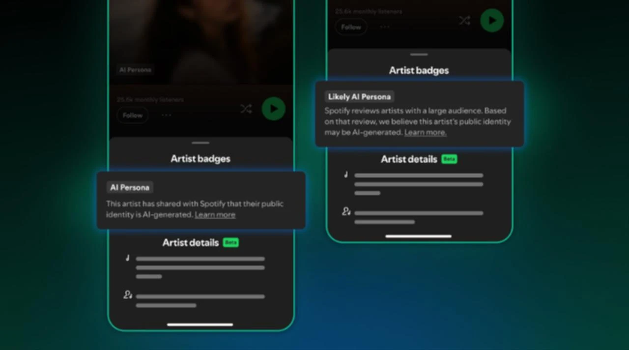 Screenshot shows how the AI Persona badge will appear on Spotify artist profiles, distinguishing self-disclosed personas from those flagged by Spotify's review team. (Photo via spotify.com)