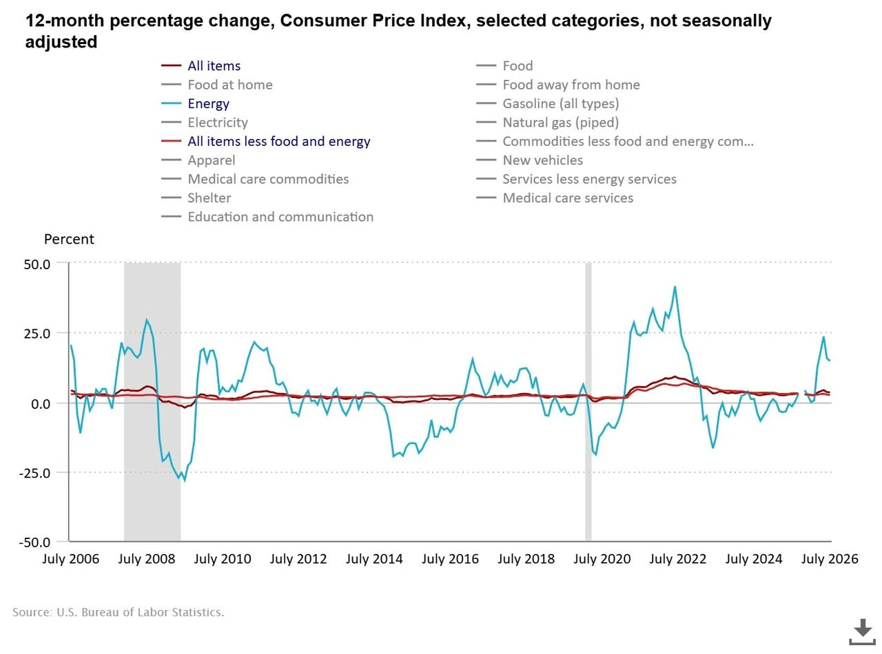 Line chart shows 12-month changes in the U.S. Consumer Price Index across selected categories from July 2006 to July 2026. (Chart via bls.gov)