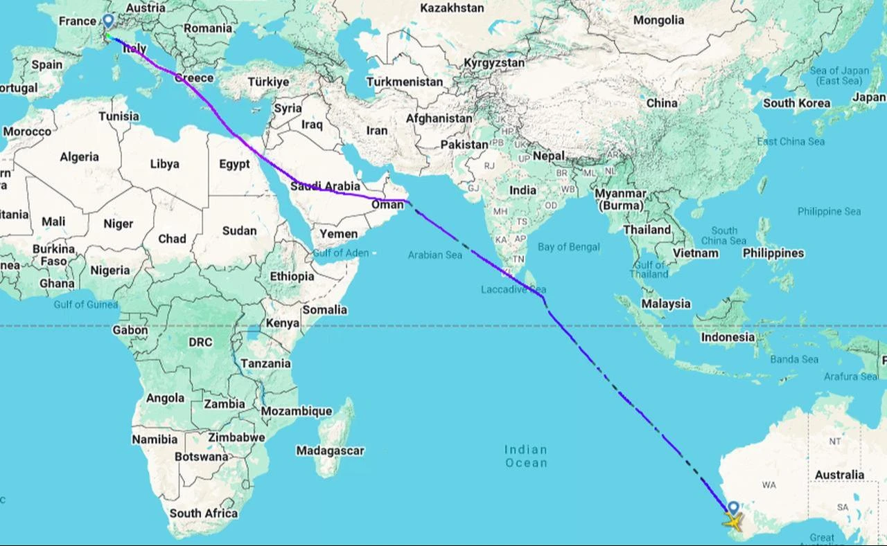 Map showing the flight path from Perth, Australia, to Turin, Italy. (Image via FlightRadar24)