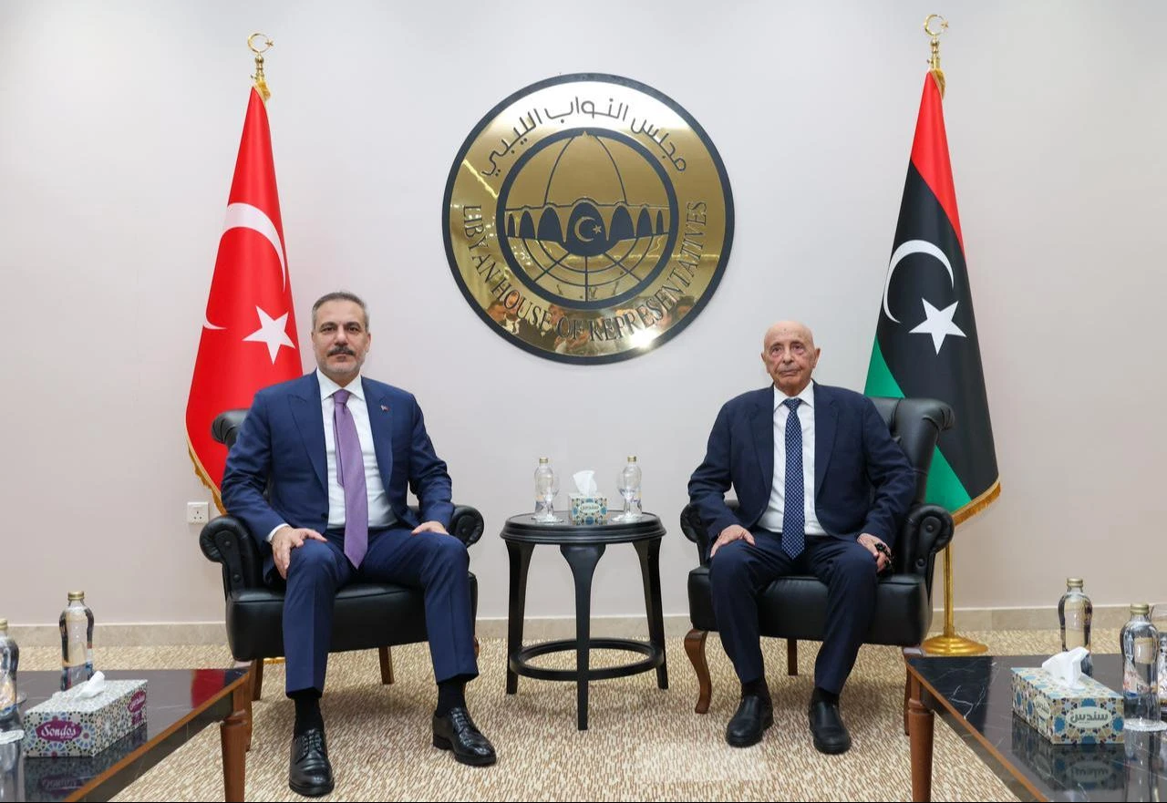 Turkish Foreign Minister Hakan Fidan meets with Speaker of the House of Representatives of Libya Aguila Saleh Issa during his visit to Benghazi, Libya, Aug. 12, 2026. (Turkish Foreign Ministry/Handout)