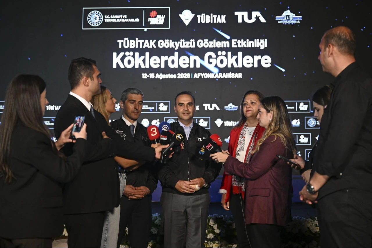 Minister of Industry and Technology Mehmet Fatih Kacir speaks to the press at the 28th TUBITAK Sky Observation Event held at Emre Lake in Afyonkarahisar, Türkiye, Aug. 13, 2026. (AA Photo)