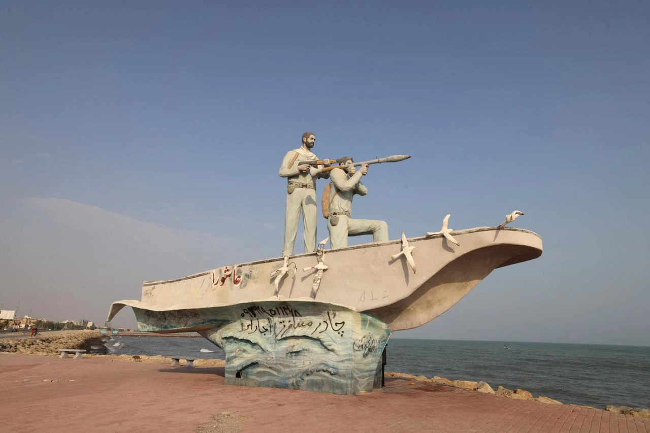 A sculpture overlooking the Strait of Hormuz is seen along the seafront in the port city of Bandar Abbas, in southern Iran on August 10, 2026. (AFP Photo)