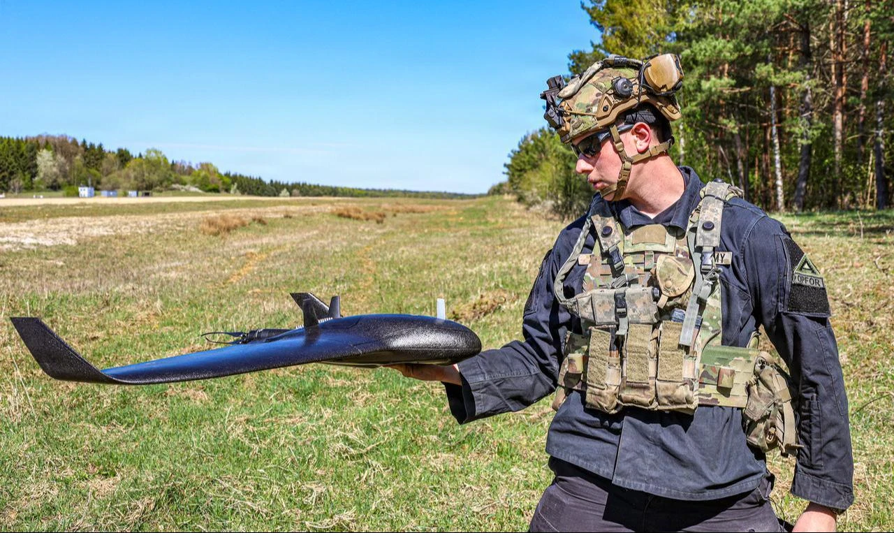 A U.S. service member holds an eBee Vision drone during exercise Combined Resolve 26-07 at Hohenfels Training Area, Hohenfels, Germany, April 23, 2026. (Photo via U.S. Army Reserve)