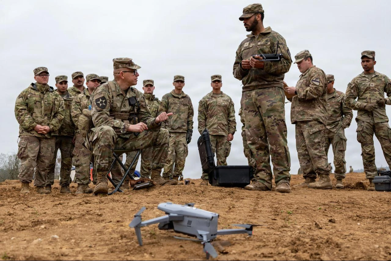 A U.S. soldier, an observer, controller, and trainer (OC/T), flying the ADM4 drone during a drone pilot validation course for Combined Resolve 26-07 in Hohenfels, Germany, April 15, 2026.(Photo via U.S. Army)