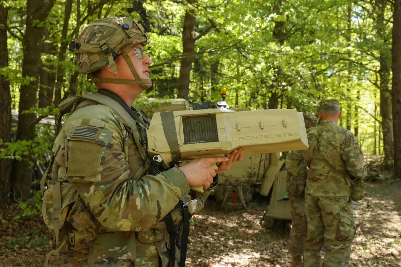 A U.S. soldier uses a drone buster during exercise Combined Resolve 26-07 (CbR 26-07) at the Hohenfels Training Area, Joint Multinational Readiness Center (JMRC), Germany, April 25, 2026. (Photo via U.S. Army)