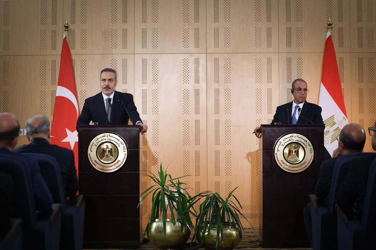 Turkish Minister of Foreign Affairs Hakan Fidan (L) holds a joint press conference with Egyptian Minister of Foreign Affairs, Emigration and Egyptian Expatriates Badr Abdelatty (R) in El Alamein, Egypt, Aug. 13, 2026. (Turkish Foreign Ministry/HO)