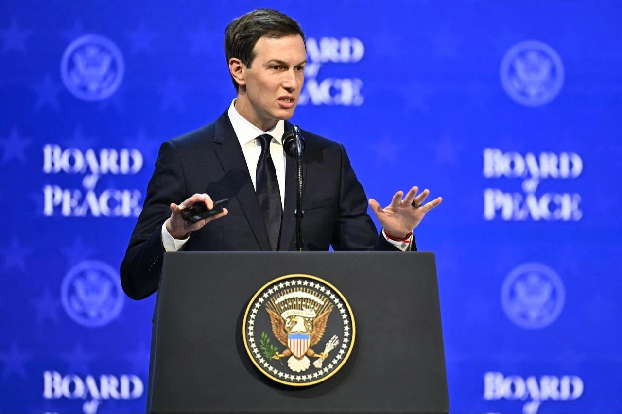 US businessman Jared Kushner speaks at the "Board of Peace" meeting during the World Economic Forum (WEF) annual meeting in Davos on January 22, 2026. (AFP Photo)