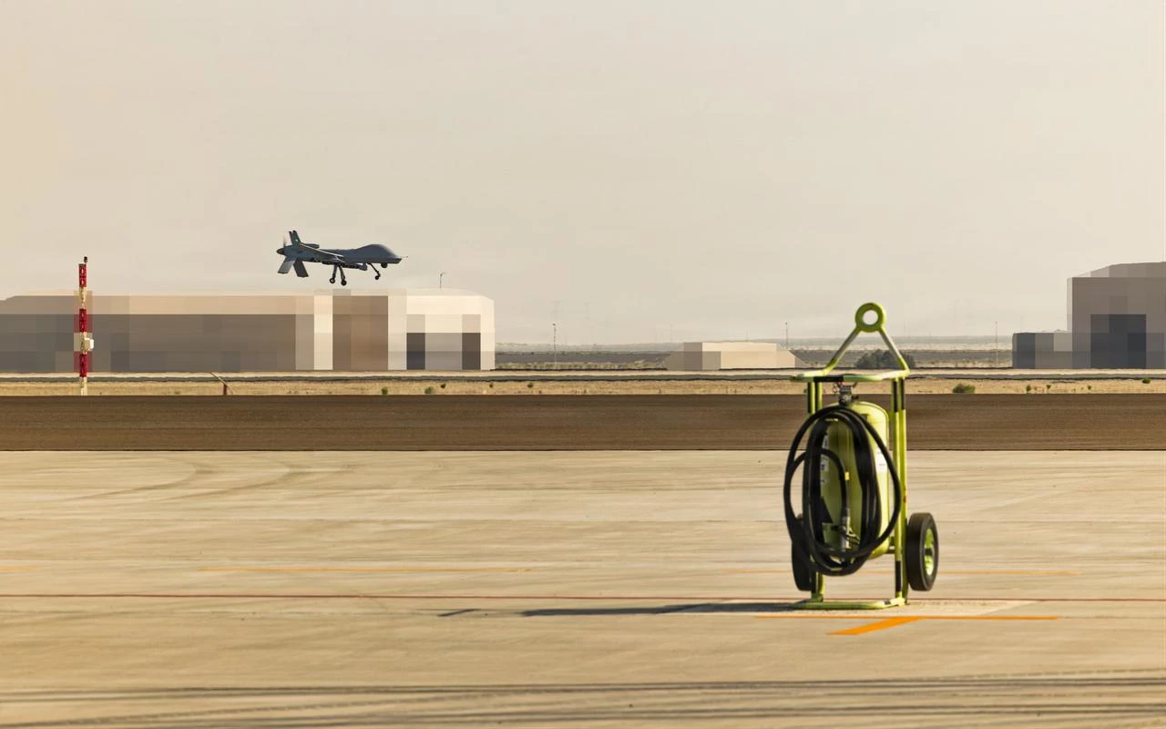 An MQ-9 Reaper drone lands at a forward arming and refueling point in the U.S. Central Command area of responsibility, May 26, 2026. (Photo via U.S. Marine Corps)