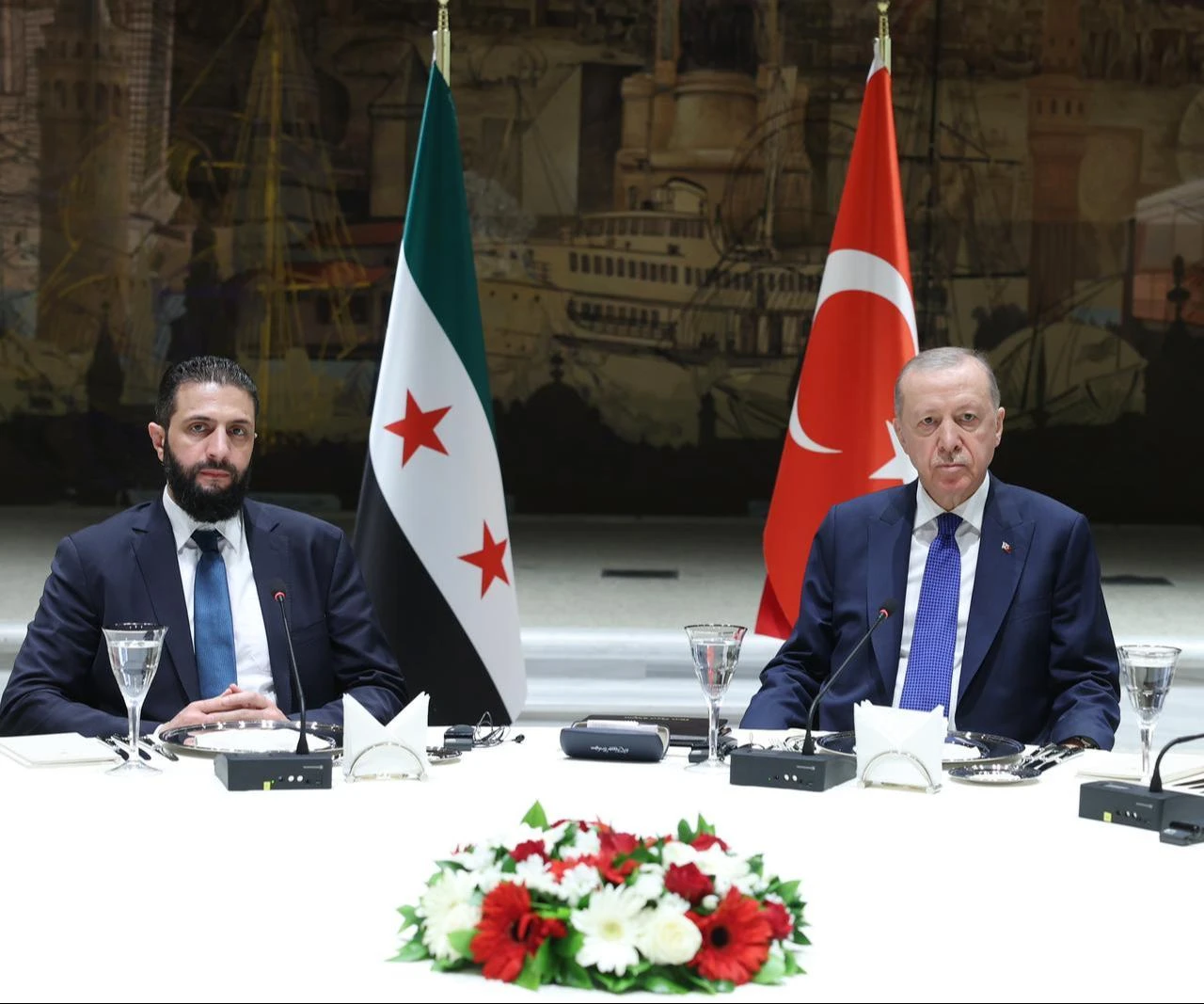 President Recep Tayyip Erdogan (R) meets with Syrian President Ahmad al-Sharaa in Istanbul, Türkiye, on May 24, 2025. (Turkish Presidency/Mustafa Kamaci/Handout)