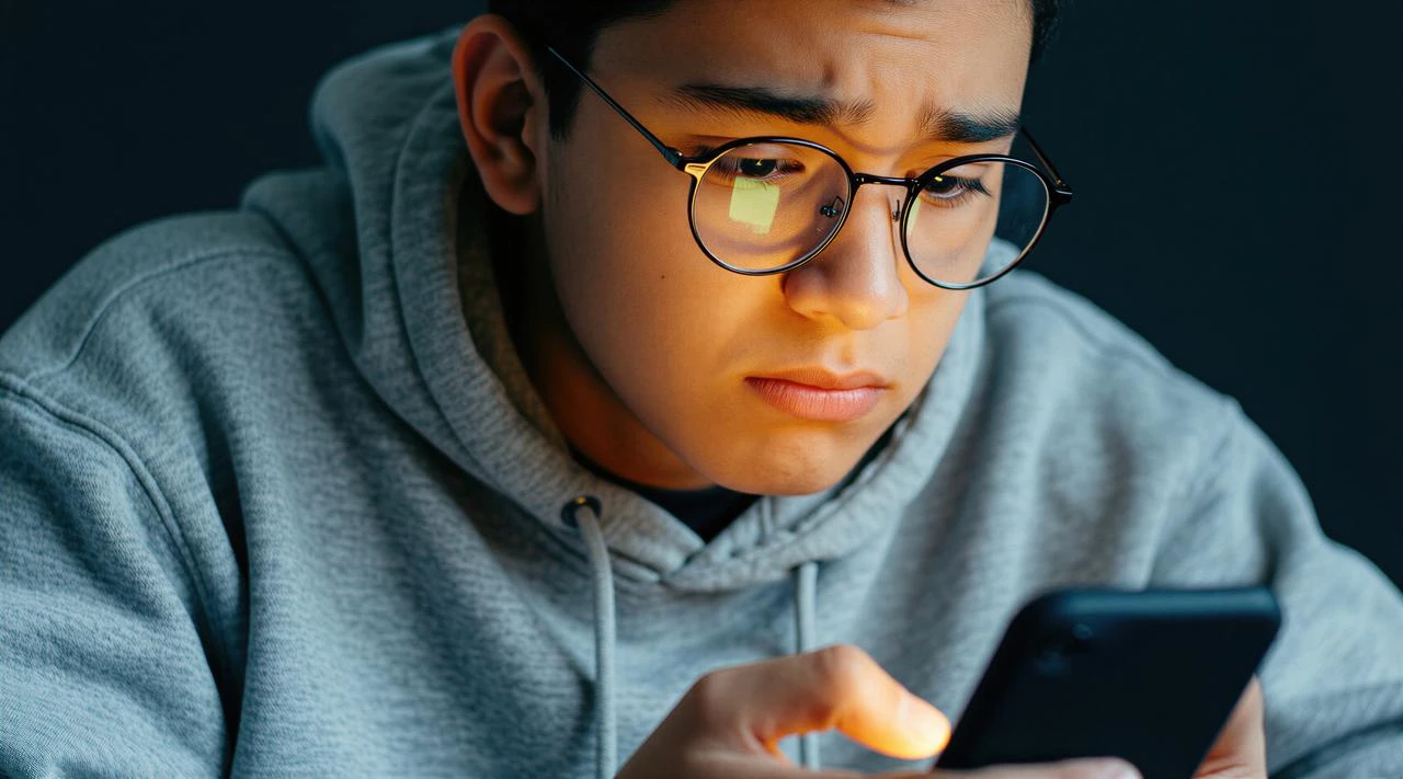 A young person uses a smartphone while looking closely at the screen. (Adobe Stock Photo)
