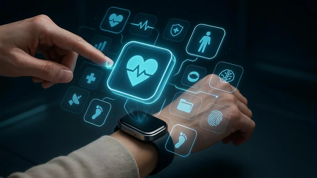 A user interacts with health-monitoring features connected to a smartwatch, illustrating wearable medical technology and digital health tracking. (Adobe Stock Photo)